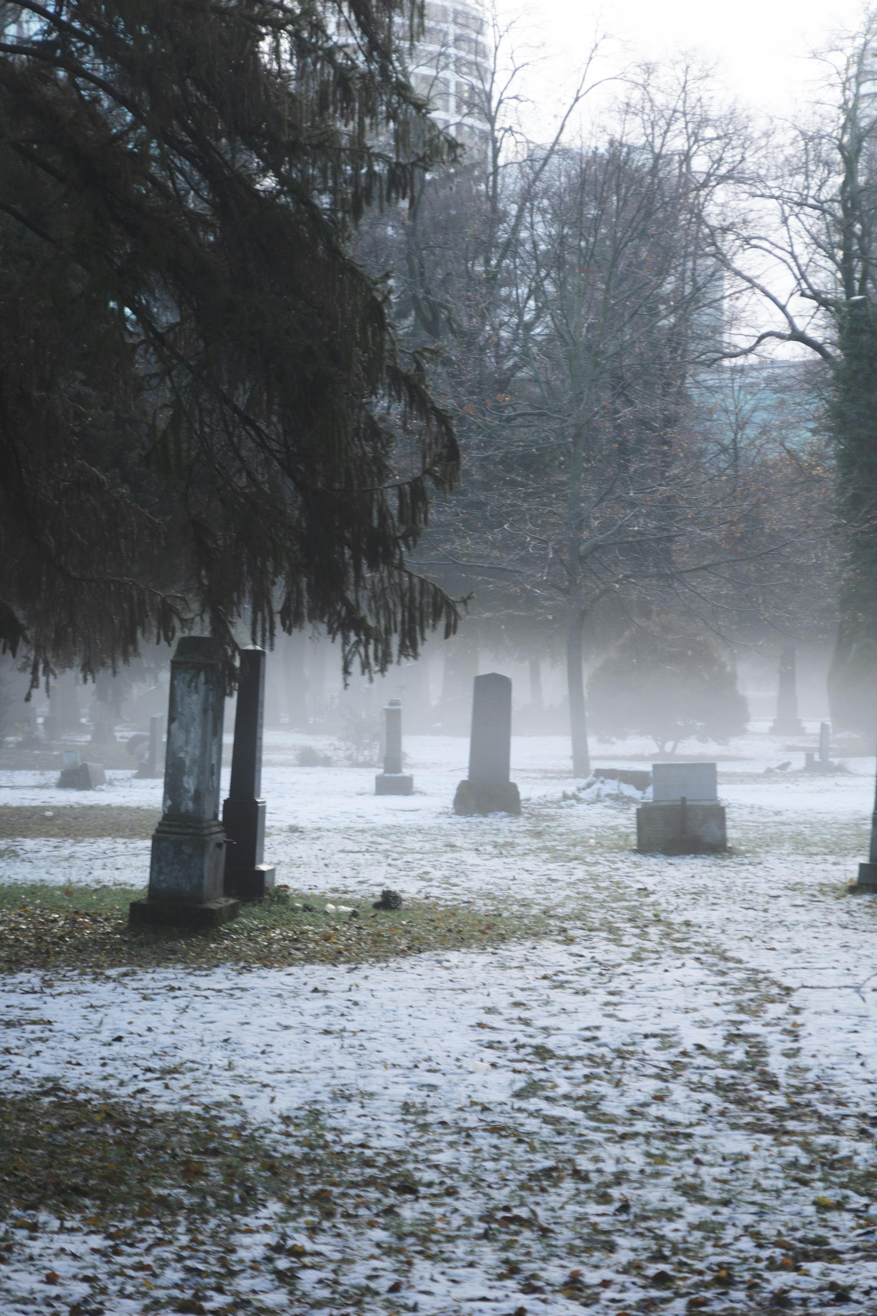 Foggy cemetery landscape in winter with snow and tombstones, setting a somber mood.