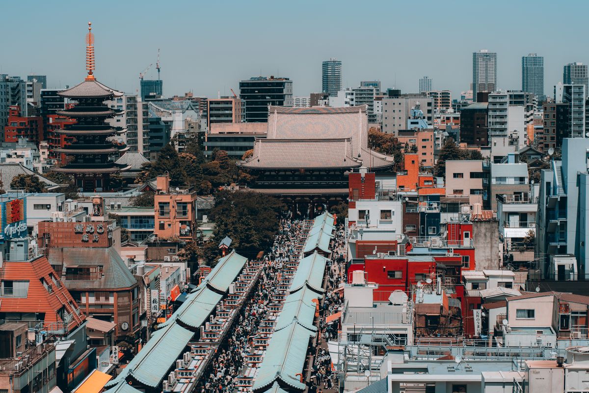 Crowd on Nakamise Shopping Street in front of Sensoji Temple in Tokyo, Japan