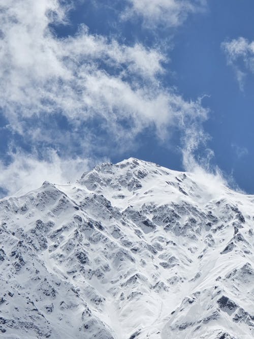 A snow covered mountain with clouds in the sky