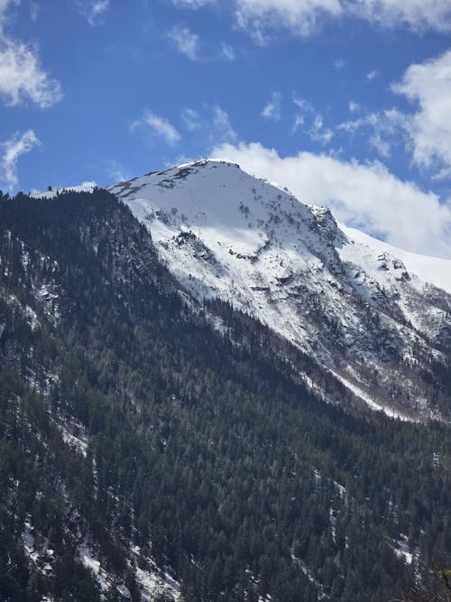 A snow covered mountain with a blue sky and clouds