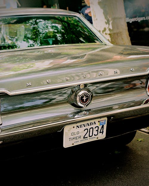 A silver car parked on the street with a license plate