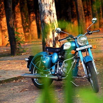 阳光明媚的公园里，一辆老式蓝色皇家恩菲尔德摩托车停在树下