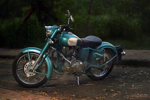 Classic Royal Enfield motorcycle parked peacefully in an outdoor setting, representing vintage style and timeless engineering.