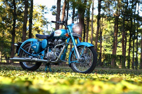 Blue Motorcycle on Green Grass