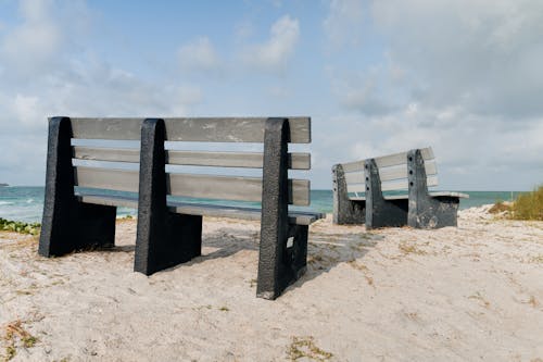 Two benches on the beach with the ocean in the background