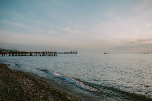Tranquil seascape featuring a pier, sandy beach, and distant city skyline under a calm sky.