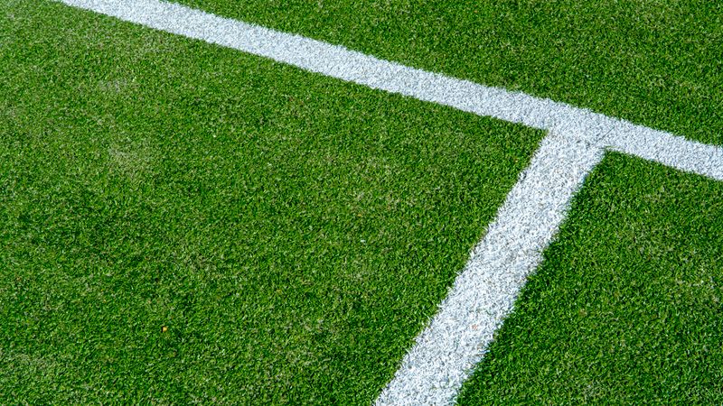 Detailed view of white lines on a green grass tennis court surface.