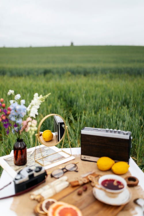 Radio and Mirror on Picnic Table on Rural Field