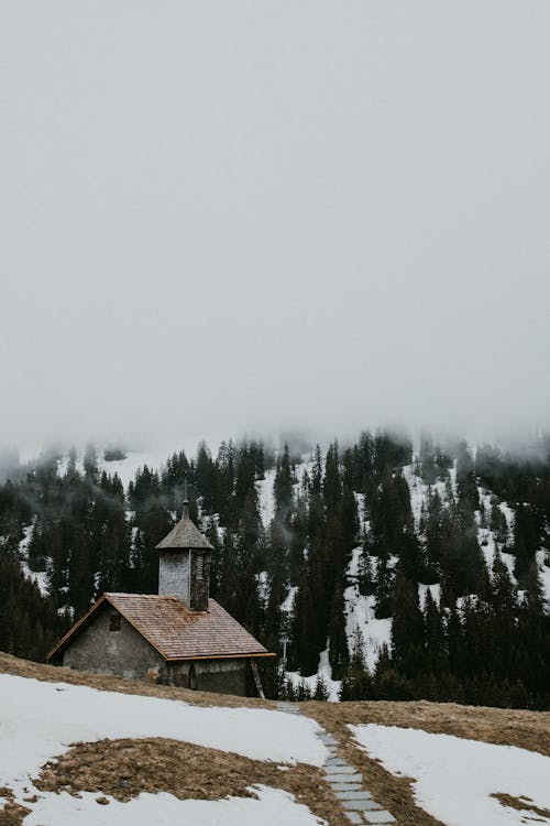 山の家の上の白い霧
