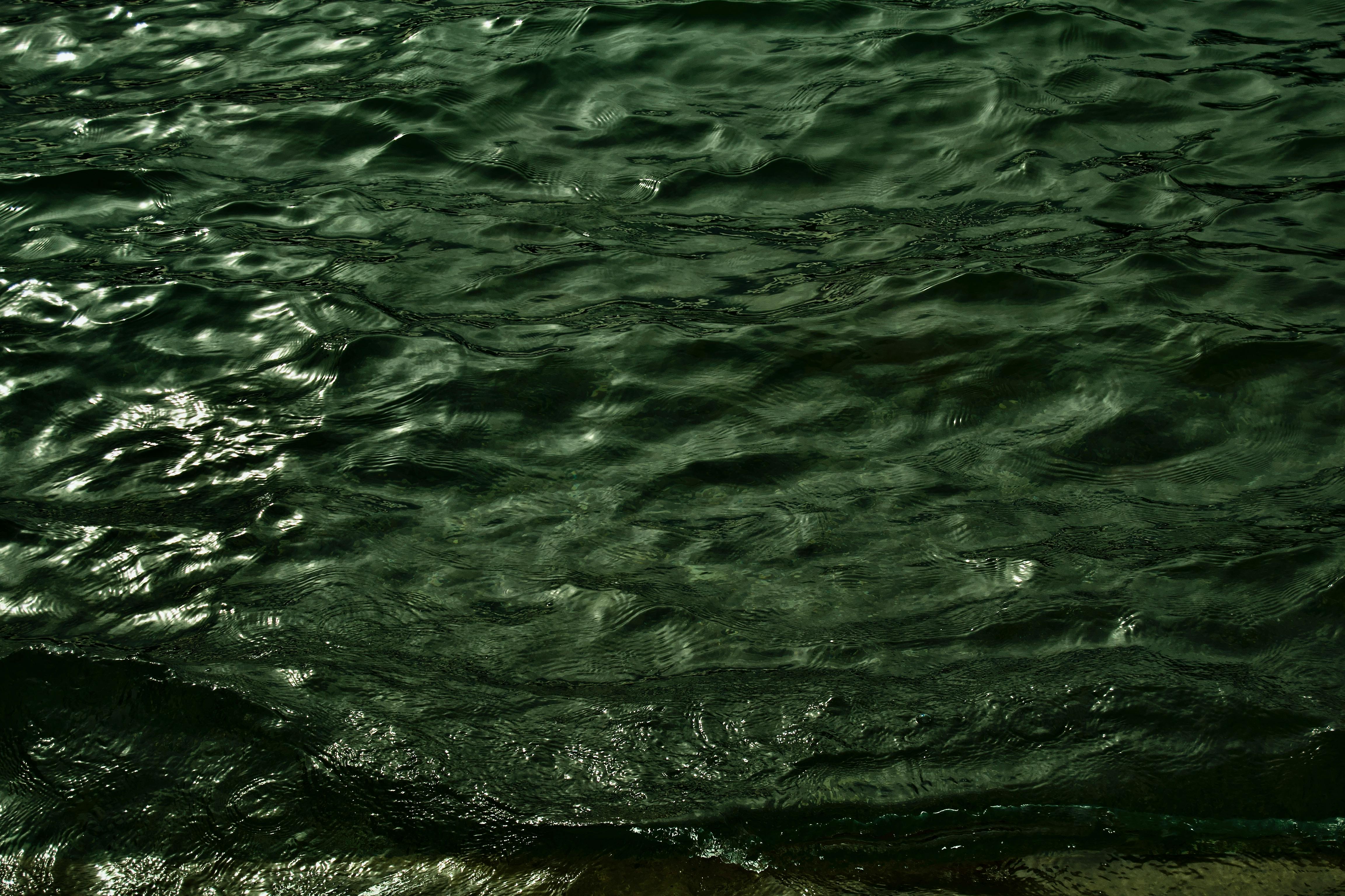 A close-up shot of sunlit rippling water with dark reflections and waves.