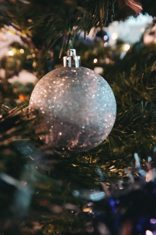 Free Shimmering silver Christmas ball hanging on a decorated tree branch. Stock Photo