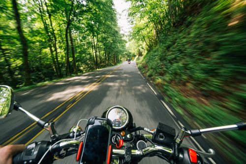 Free Experience the thrill of speed on a motorcycle journey through lush, winding forest roads. Stock Photo