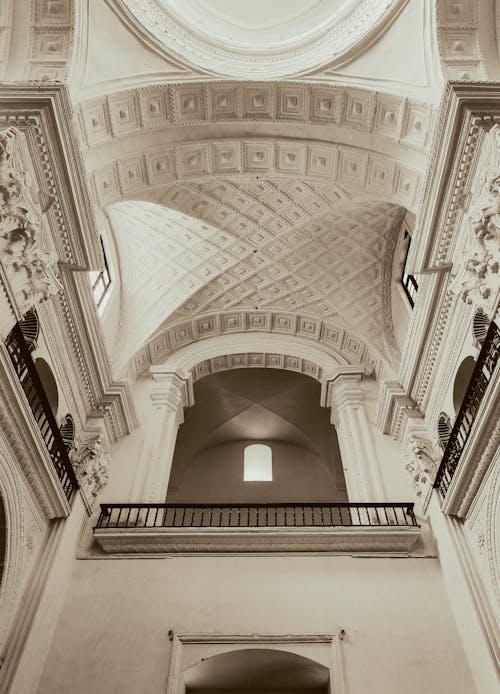 A ceiling with arches and a dome in sepia