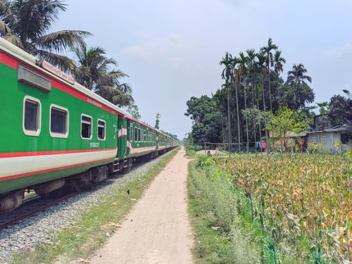 Free A green train travels beside a dirt road through palm tree-lined rural fields. Stock Photo