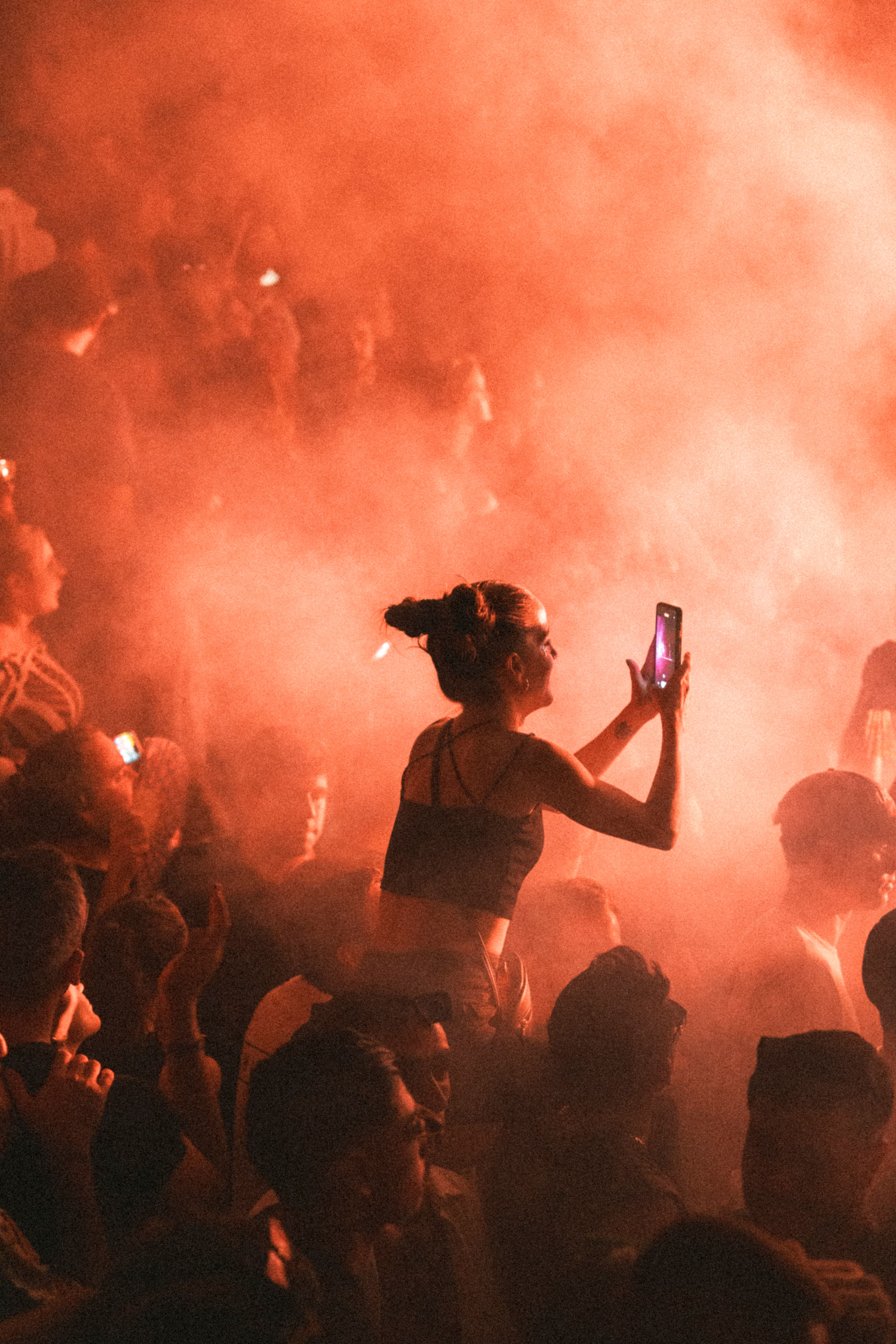 Lively festival scene with a crowd immersed in music and vibrant smoke effects.