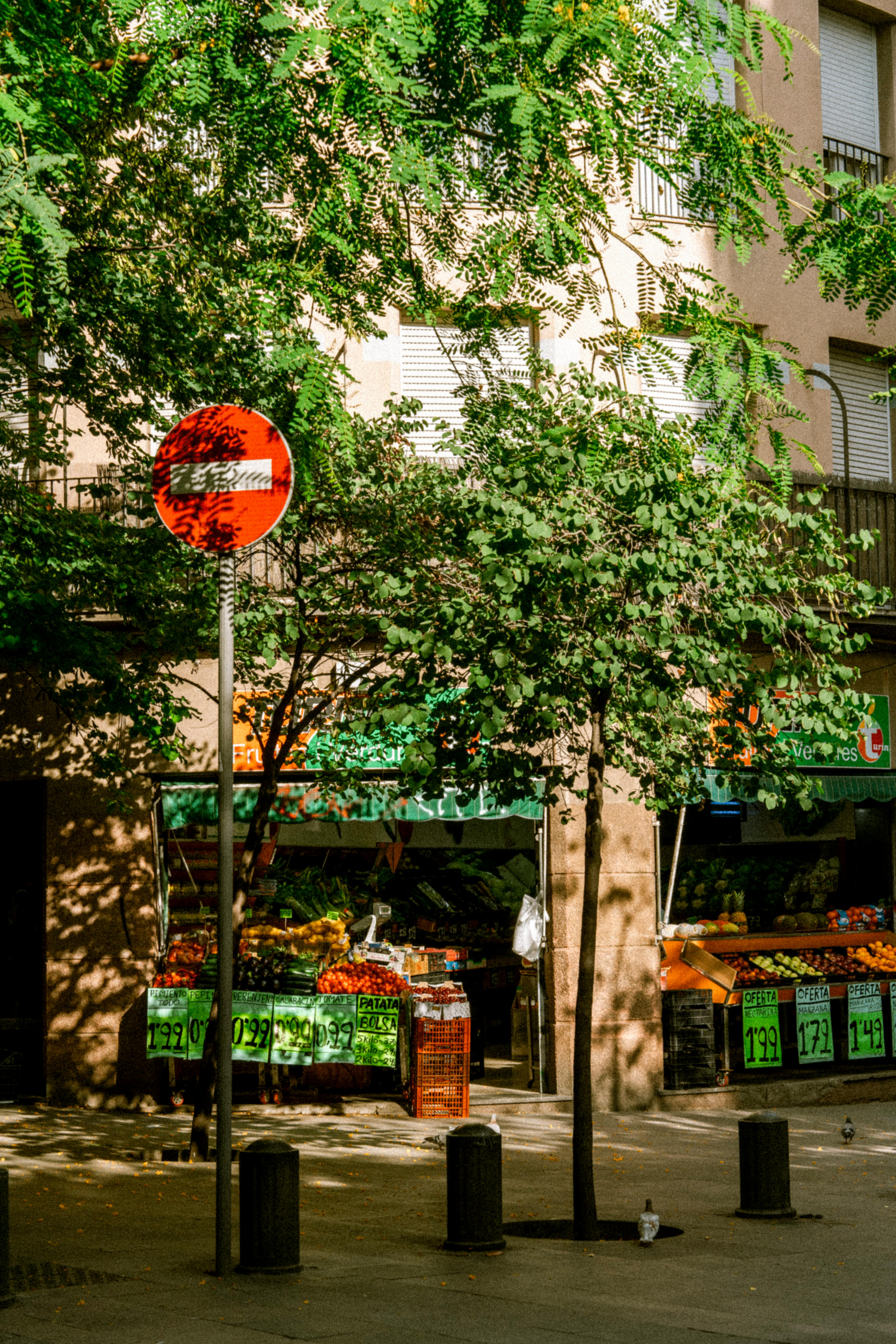Sunny urban street scene with a road sign and fresh produce market stand.