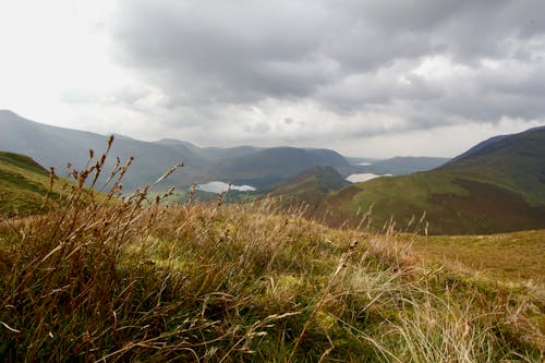 Overlooking a lake in lake district from a mountain top