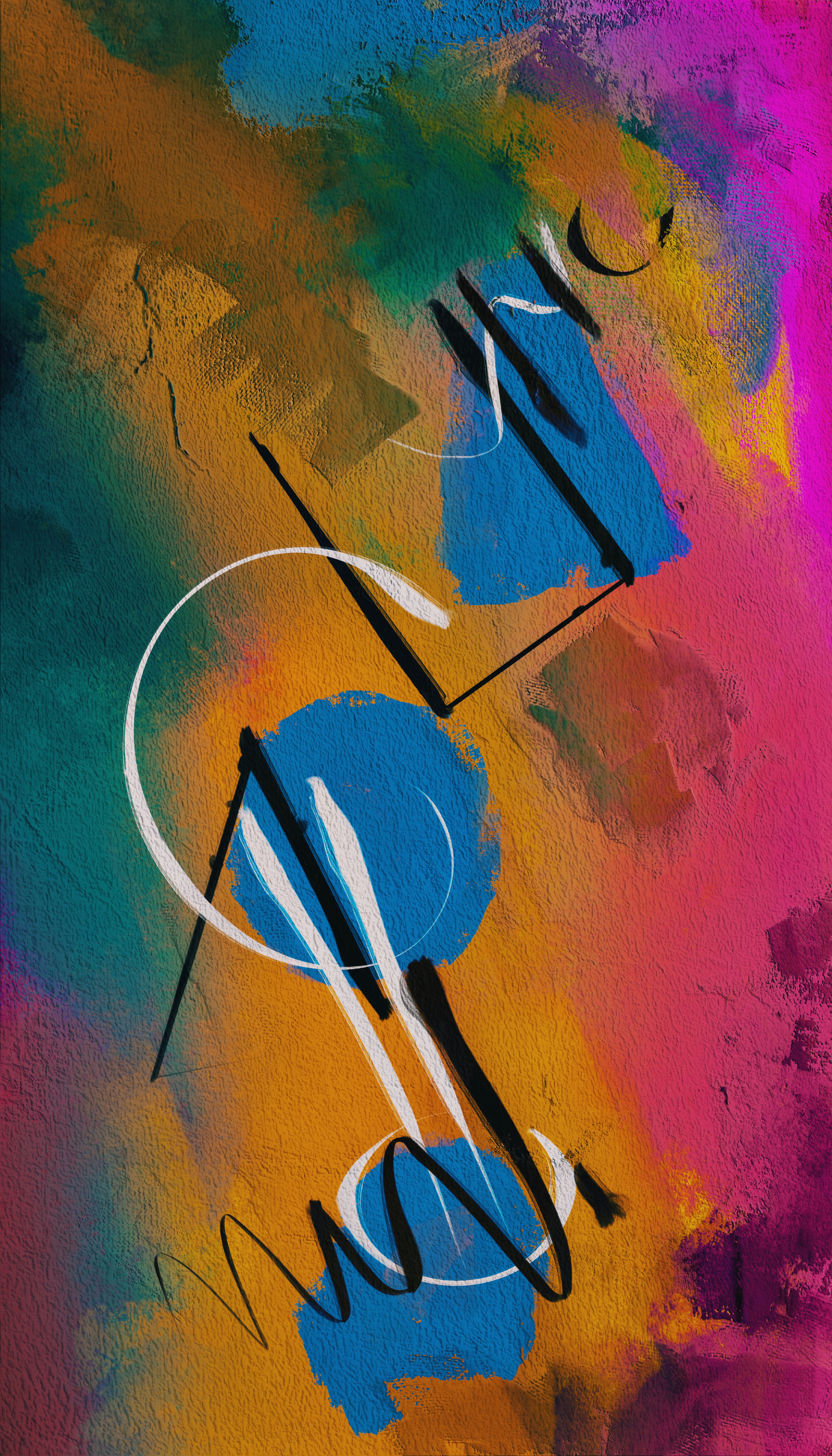 A vivid and colorful abstract painting featuring bold brushstrokes on a textured wall.