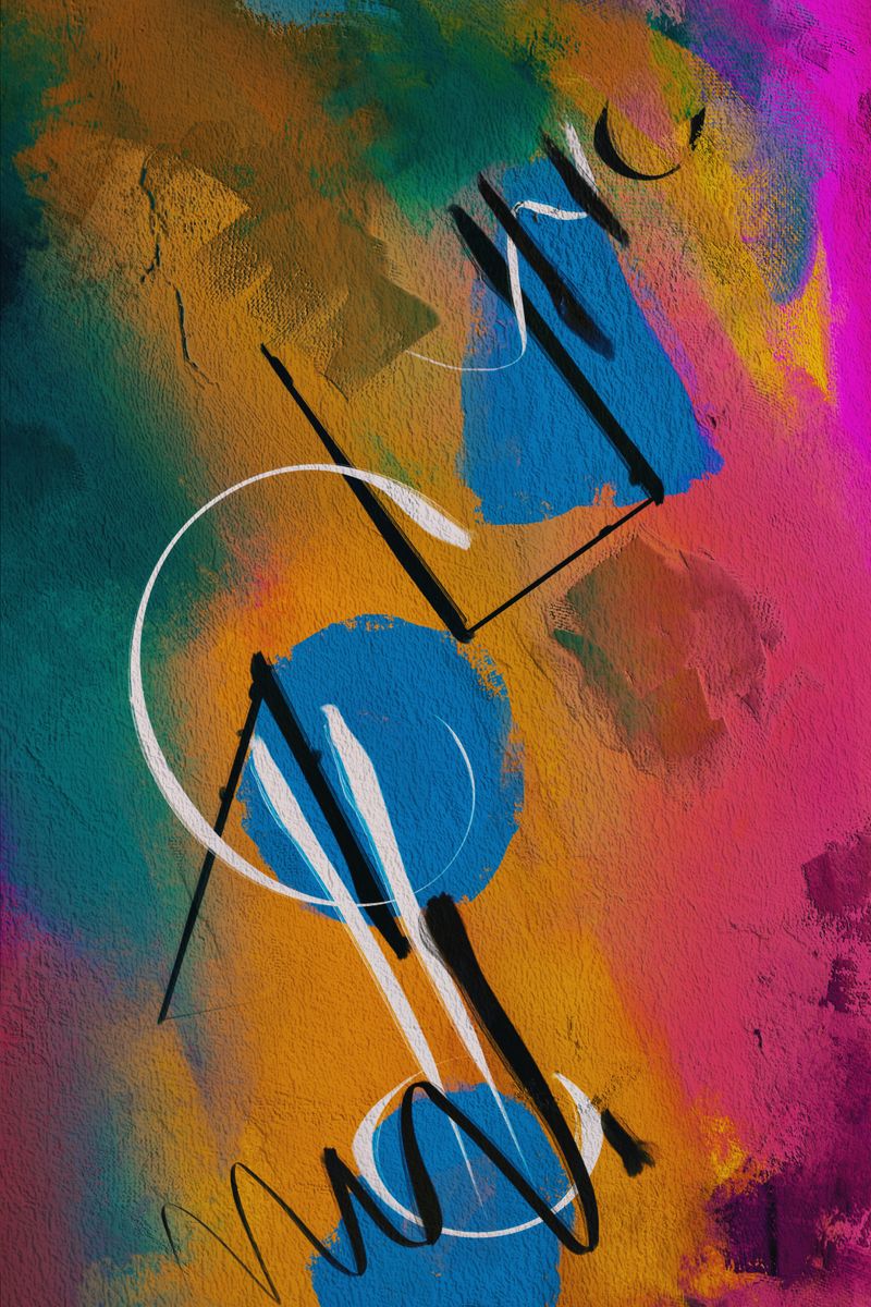 A vivid and colorful abstract painting featuring bold brushstrokes on a textured wall.