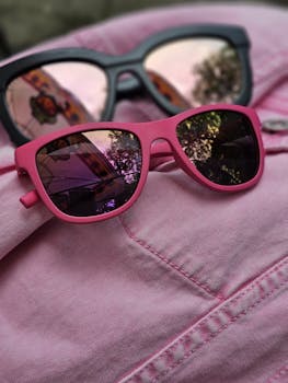 Trendy pink and black sunglasses resting on a pink jacket, showcasing vivid reflections.