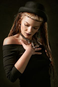 优雅的女人身穿黑色衣帽，通过配饰展现出独特的风格