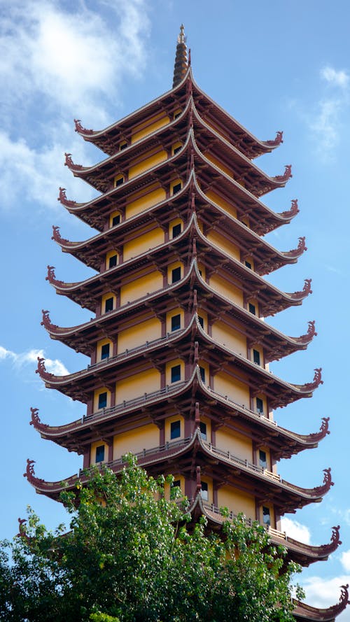 A tall pagoda with many windows and a blue sky