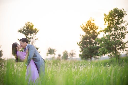 Shallow Focus Photo of Man Kissing Woman on Grass Field