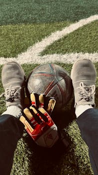 View from a goalkeeper's perspective with gloves, soccer ball, and shoes on a pitch.