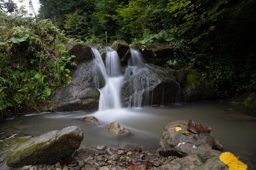 A small waterfall in the woods with rocks