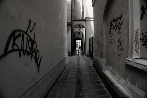 A black and white photo of a narrow alley