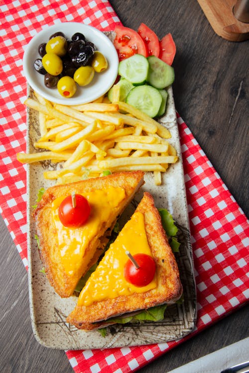 A sandwich with cheese, tomatoes and fries on a plate