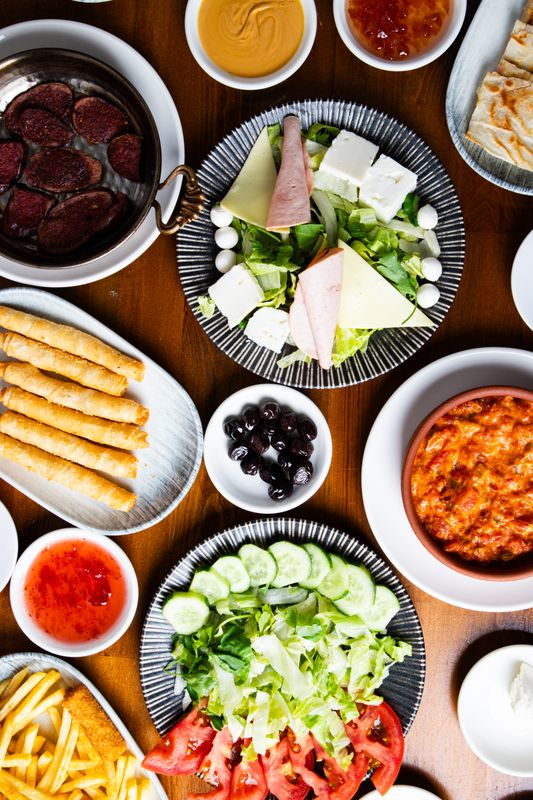 A colourful buffet-style food spread