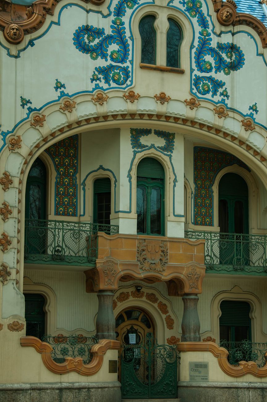 Detailed shot of the Art Nouveau facade of Raichle Palace in Subotica, Serbia.. detailed, shot, nouveau