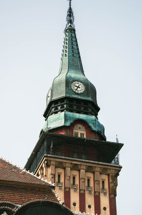 Free The iconic clock tower of Subotica's City Hall, showcasing unique architecture and cultural heritage. Stock Photo