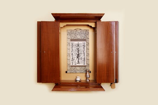 Elegant wooden cabinet with a traditional Japanese scroll and prayer objects.