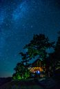 在充满活力、星光熠熠的夜空下，一间宁静的小屋灯火通明，映出树木的剪影