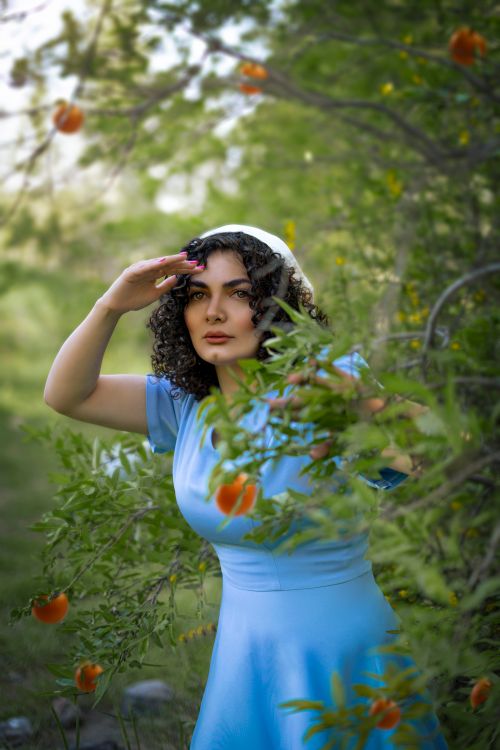 Free A woman in a blue dress explores a lush forest setting in Qazvin, Iran. Stock Photo