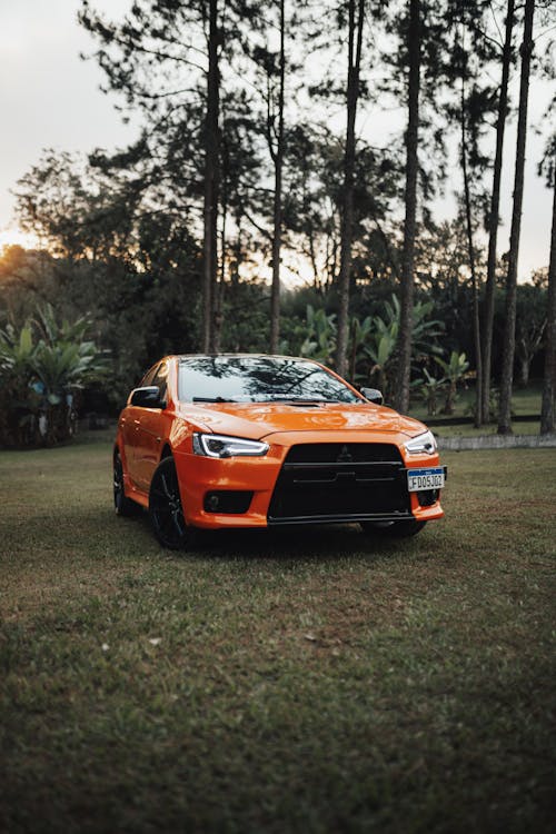 An orange car parked in the grass in front of trees
