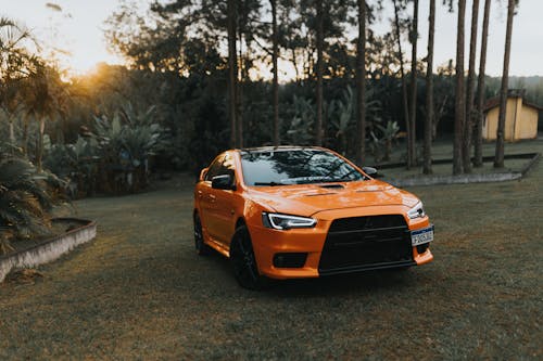 An orange car parked in front of a forest
