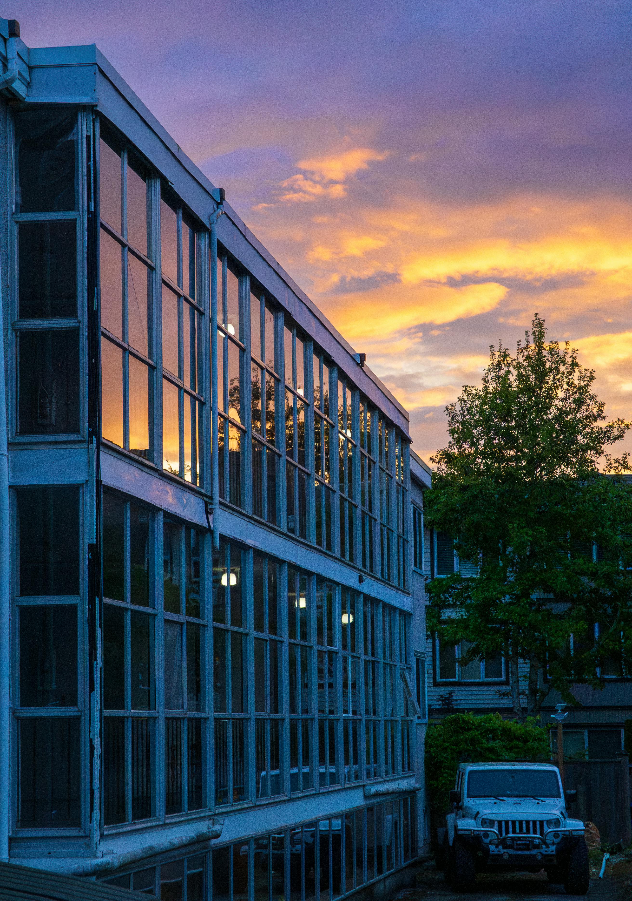 glass building during sunset