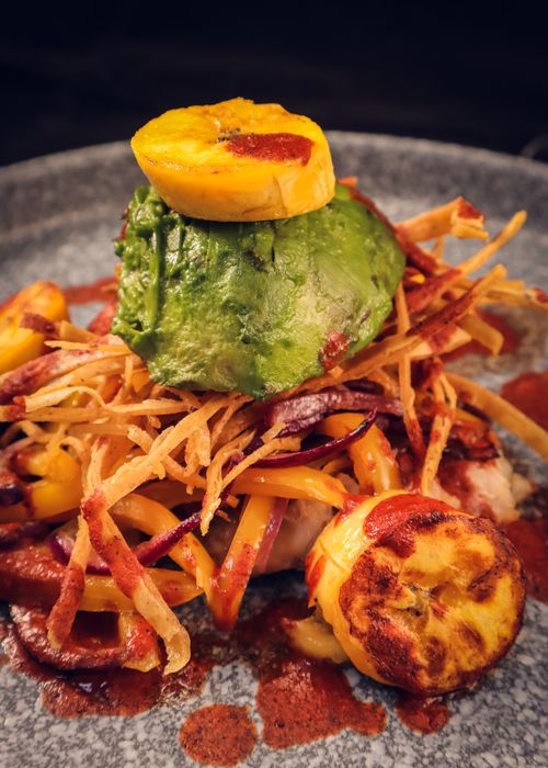 Free Top-down view of a gourmet dish featuring avocado, fried plantains, and vegetables. Stock Photo