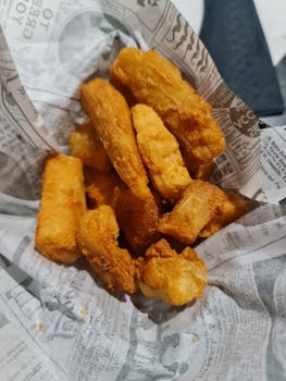 Appetizing fried potato sticks wrapped in vintage newspaper-style paper, perfect for a quick snack.