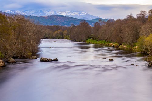 A river with mountains in the background