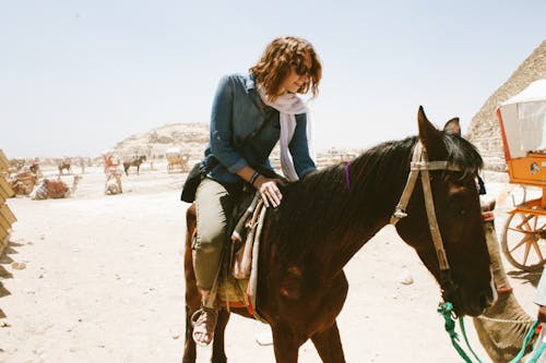 Woman Wearing Blue Long-sleeved Shirt Riding Brown Horse