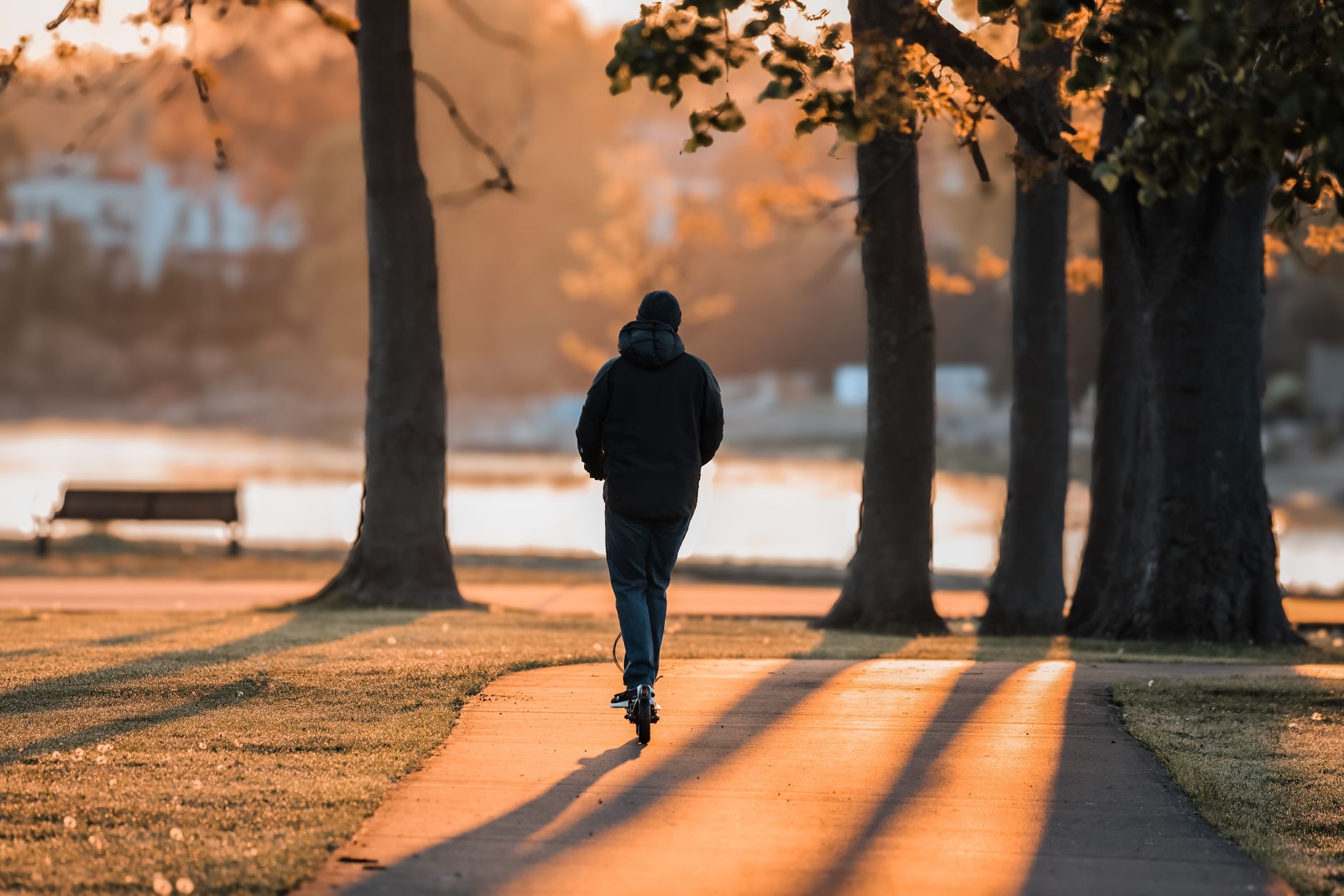 A boy rides an electric scooter on a sunlit path in a park, creating a dramatic shadow.