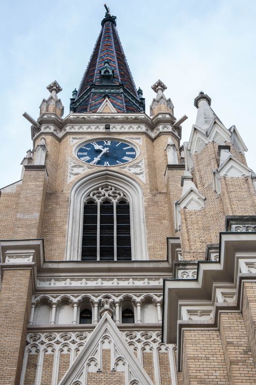 Free Close-up of Gothic Revival architecture at the Name of Mary Church tower in Novi Sad, Serbia. Stock Photo