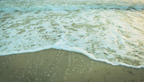 Free Gentle waves rolling onto a sandy beach with sea foam and serene water. Stock Photo