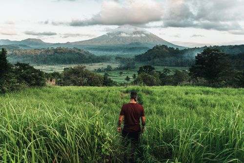 Free A solitary man walking through green fields with a mountain backdrop, captured in daylight. Stock Photo