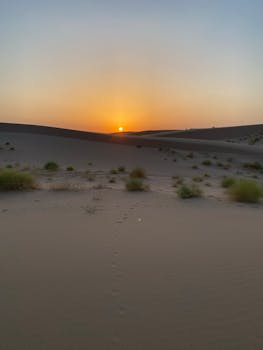 A tranquil sunset over a desert landscape, showcasing dunes and minimal vegetation under a clear sky.