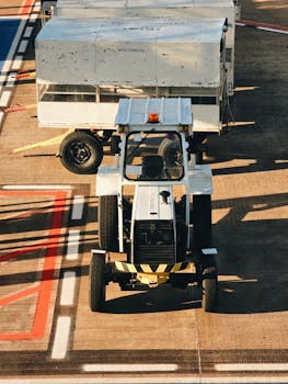 Airport tractor towing trailers on the tarmac at Santos Dumont airport, Brazil.